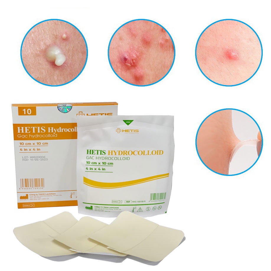 Hộp 10 Miếng Dán Mụn, Vết Thương HETIS HYDROCOLLOID Giúp Thấm hút Dịch, Loại Bỏ Những Mô Chết, Ngăn Ngừa Sẹo