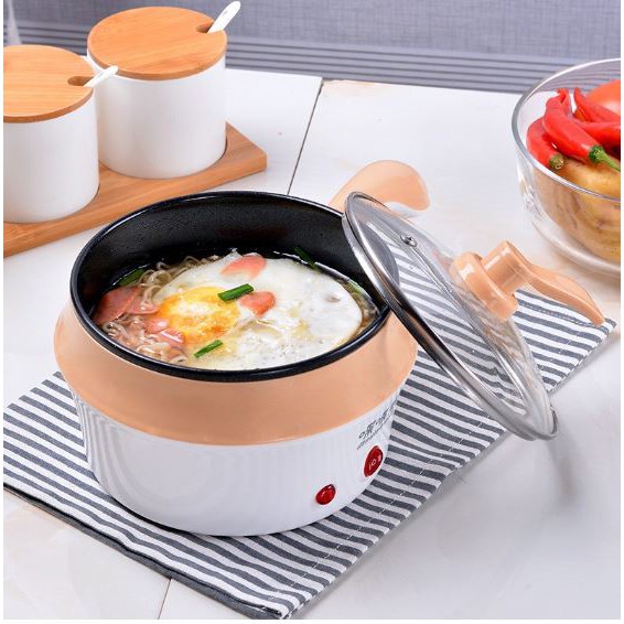 Nồi lẩu điện ca mì có lồng hấp 18cm,2 lớp, Nồi lẩu điện đa năng 2 tầng có lồng hấp và nắp kính cao cấp, Ca nấu mì nồi lẩ