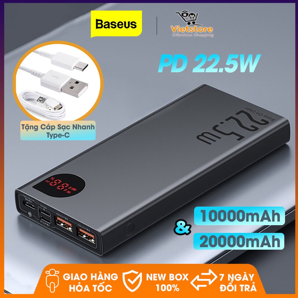 [TẶNG CÁP SẠC NHANH] Pin Sạc Dự Phòng Baseus 10000mAh &amp; 20000mAh, 2 Cổng USB 2 Cổng PD 22.5W Cho Iphone Samsung