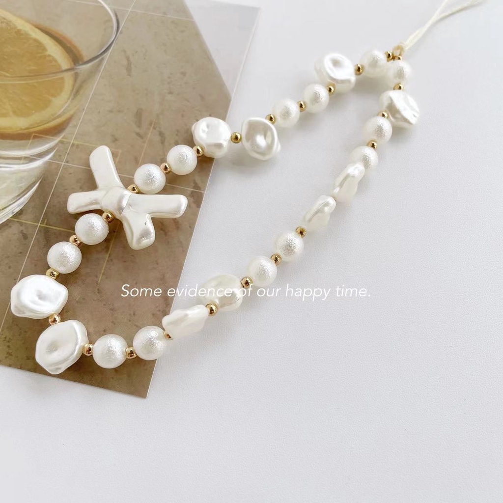Móc điện thoại / chìa khóa / túi xách bằng acrylic đính nơ trắng phối hạt ngọc phong cách Hàn Quốc xinh xắn đơn giản