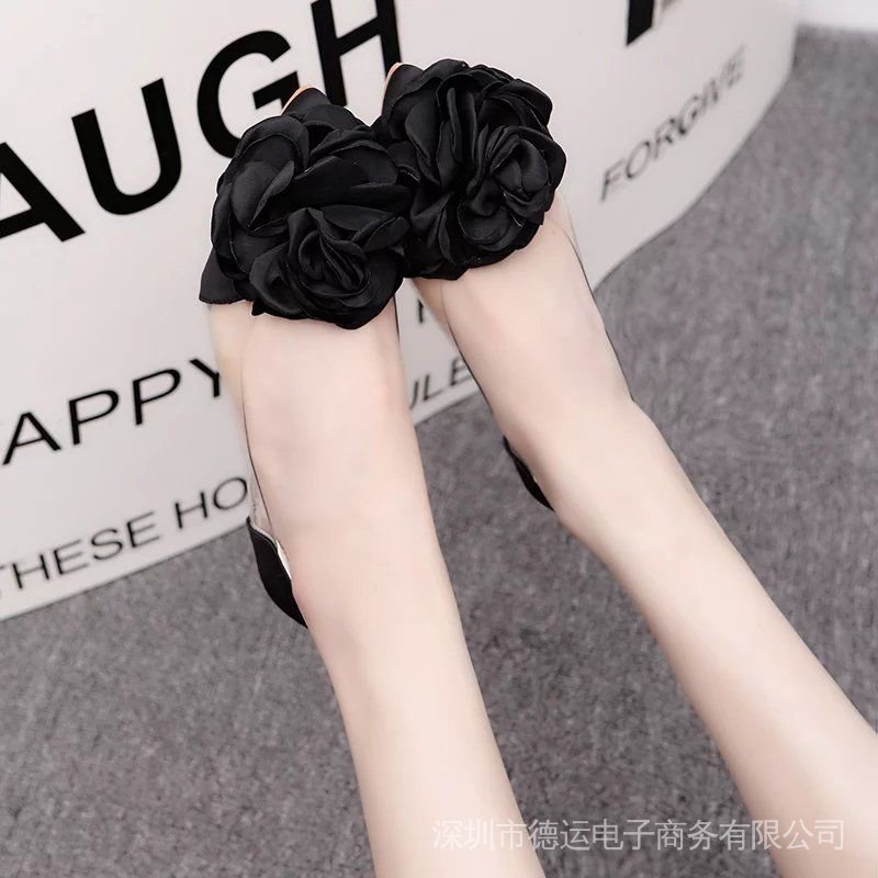 Giày Búp Bê Mũi Nhọn Bằng Satin Trong Suốt Đính Hoa Sơn Trà Ngọt Ngào Phong Cách Hàn Quốc Cho Nữ 2023