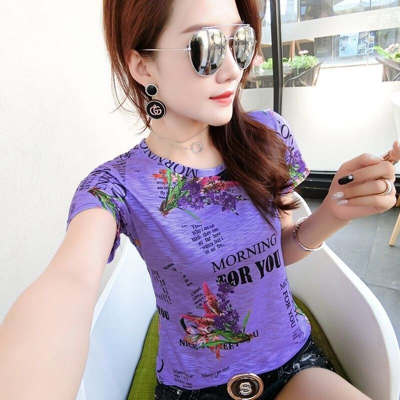 Áo thun tay ngắn cổ tròn in họa tiết phong cách mùa hè sành điệu cho phái nữ