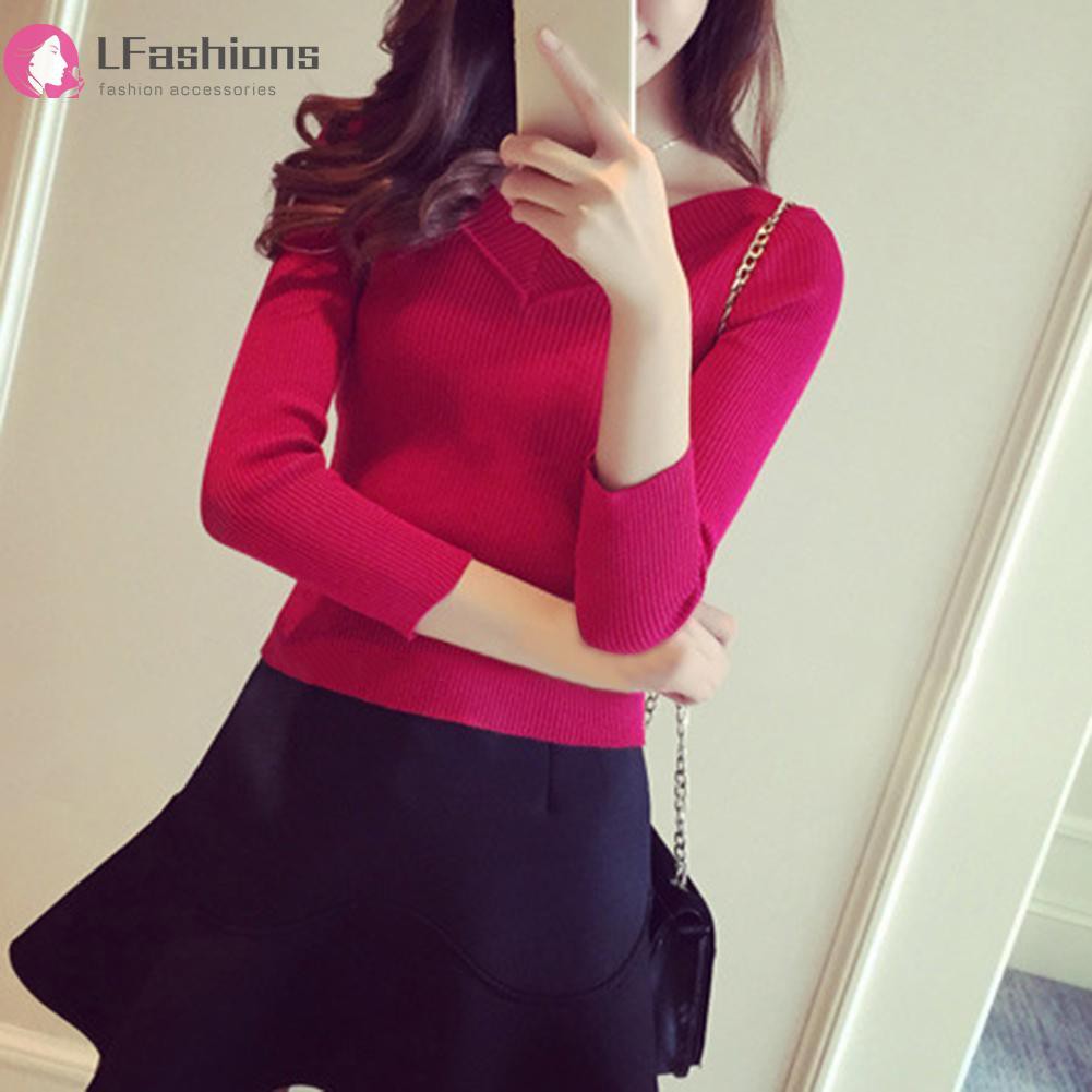 [Lfashions] Autumn Women Off Shoulder V-Neck Knit Tops Long Sleeve Pullover Sweaters | BigBuy360 - bigbuy360.vn