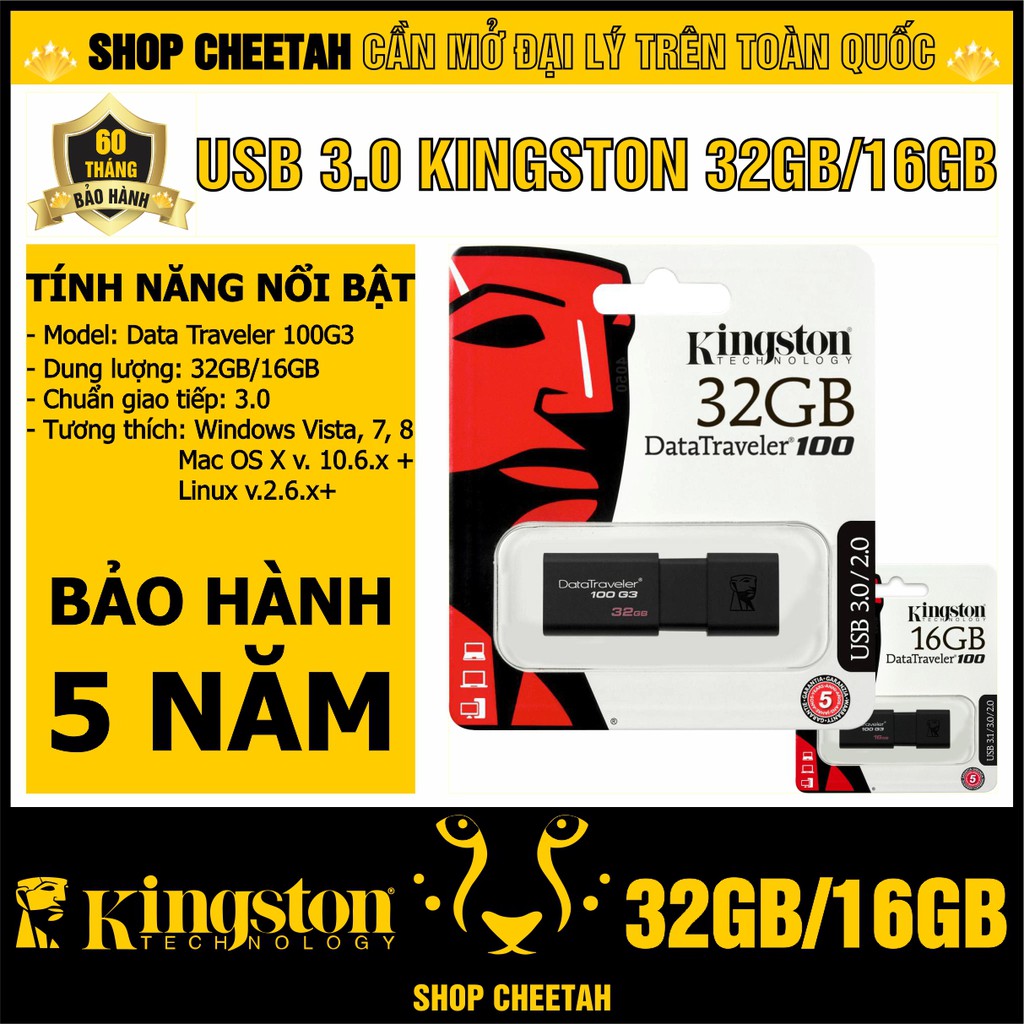 USB 3.0 Kingston DataTraveler 100G3 – Dung lượng 32GB/16GB – CHÍNH HÃNG – Bảo hành 5 năm