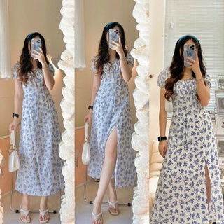 Đầm hoa nhí xanh xẻ tà nữ tính