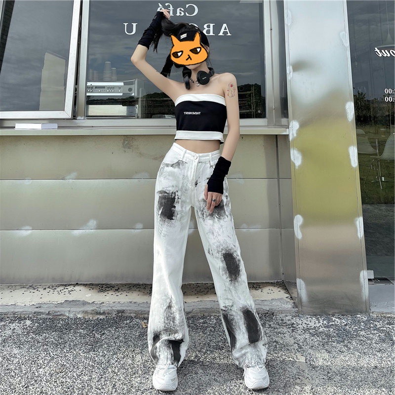 Quần jean ulzzang ống rộng nữ unisex trắng loang đen cá tính, quần jean nữ ống rộng trùm chân hiphop 0220