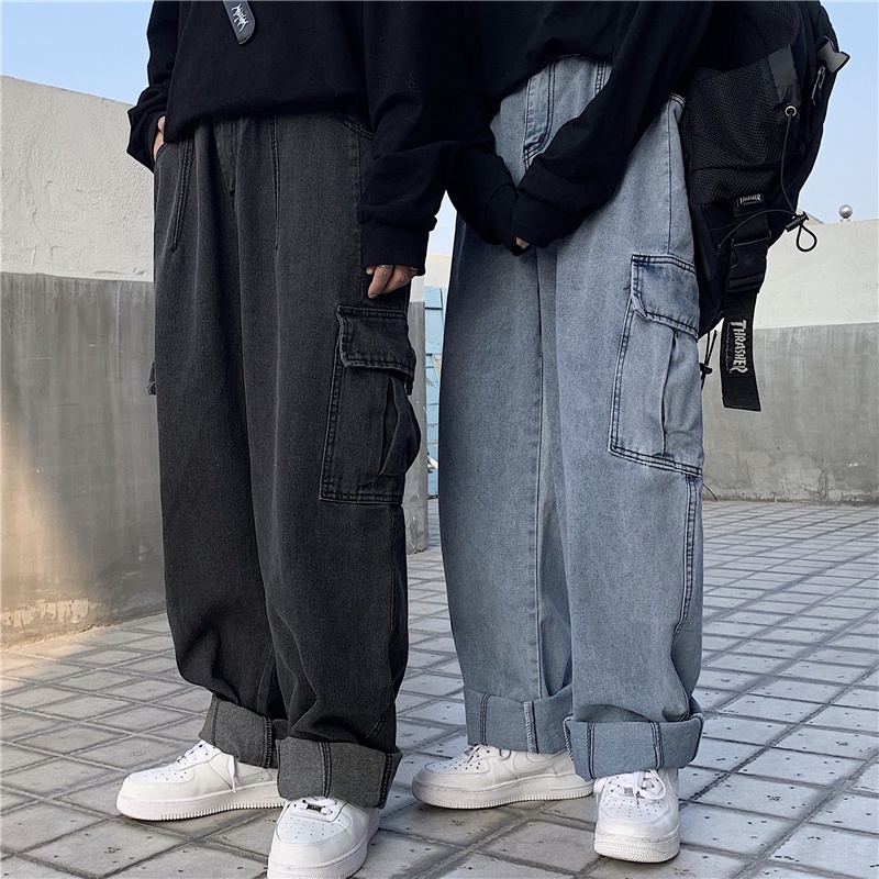 Quần denim 191581 dáng dài ống suông rộng cá tính thời trang phong cách đường phố cho cả nam và nữ