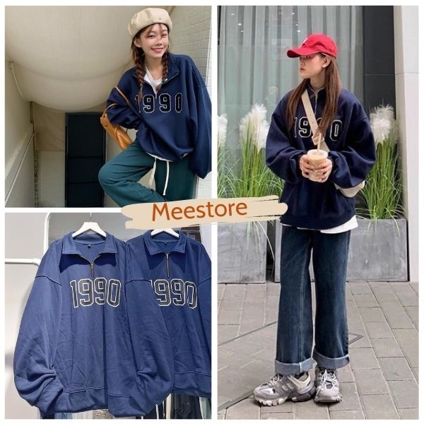 Áo Sweater Nỉ 1990 Cổ Khóa Nữ Meestore- Nỉ Zip Cổ Cao From Rộng Tay Bồng Phong Cách Ullzang Hottrend