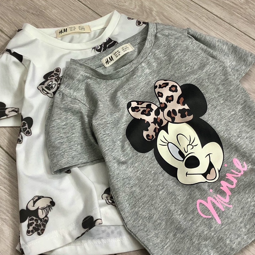 [Rẻ Vô Địch] Áo thun cộc tay bé gái - Set 2 áo cộc tay Hm Minnie ghi trắng chất cotton cho bé gái size 2-10t