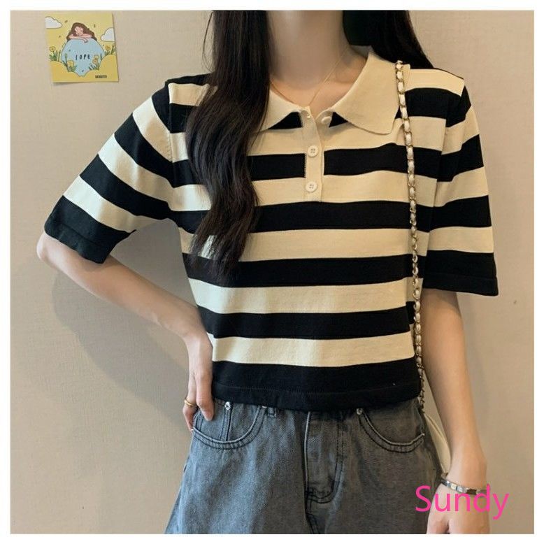 Áo Sơ Mi Cổ Polo Hở Lưng Dáng Rộng Họa Tiết Kẻ Sọc Thời Trang Mùa Hè Quyến Rũ Cho Nữ