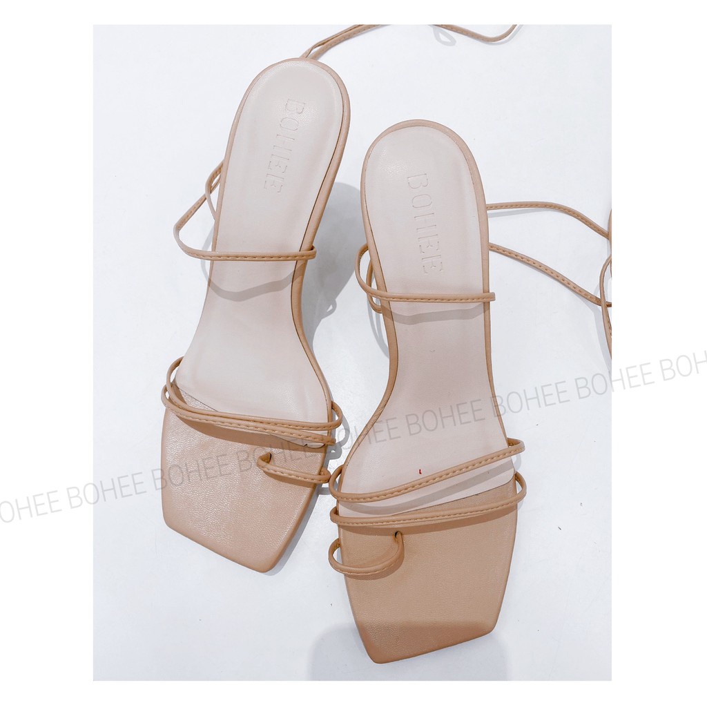 Giày Sandal cao gót 7cm dây buộc đế nhọn chất da nhập cao cấp màu trắng nâu BOHEE GD01 VLI