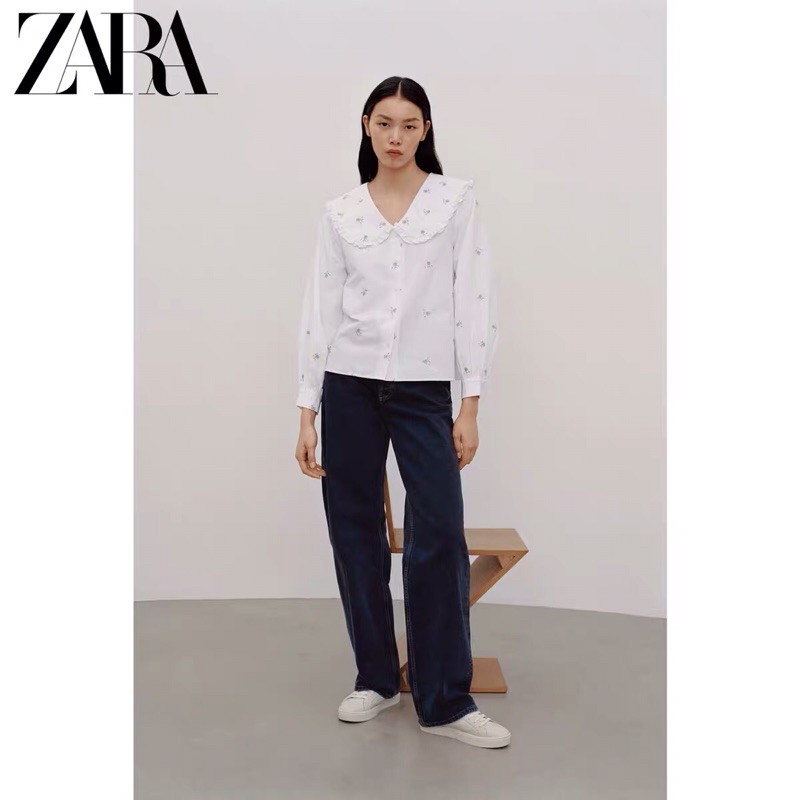 Áo sơ mi nữ Zara màu trắng thêu hoa new best seller 2021 dài tay cổ sen