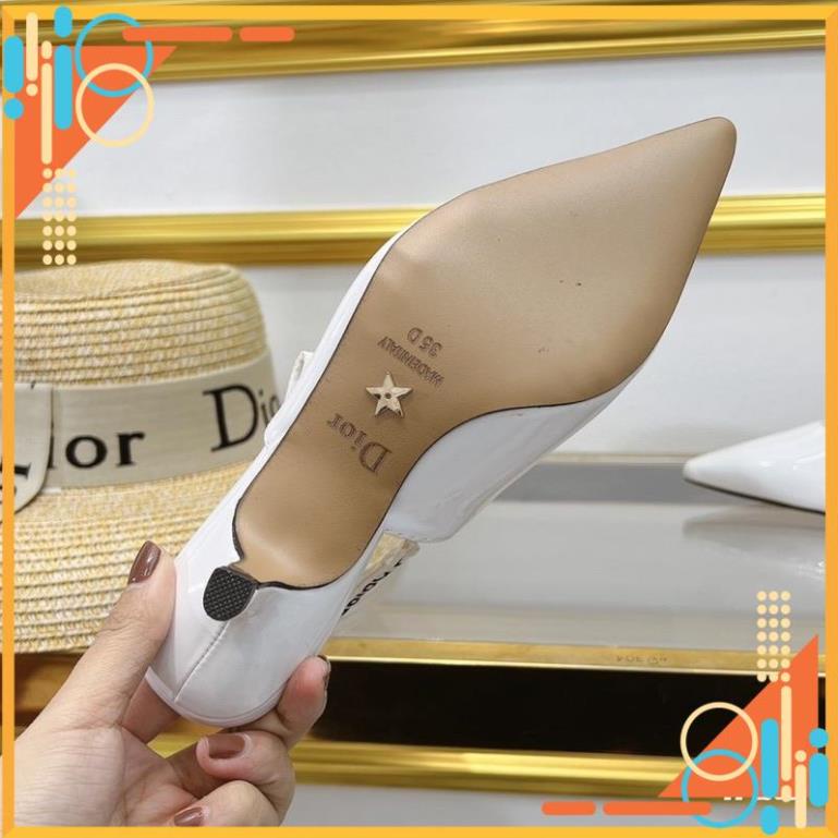 Giày Sandal, Giày Cao Gót Nữ dior trắng gót 6p da bóng hàng fullbox + bill + túi giấy