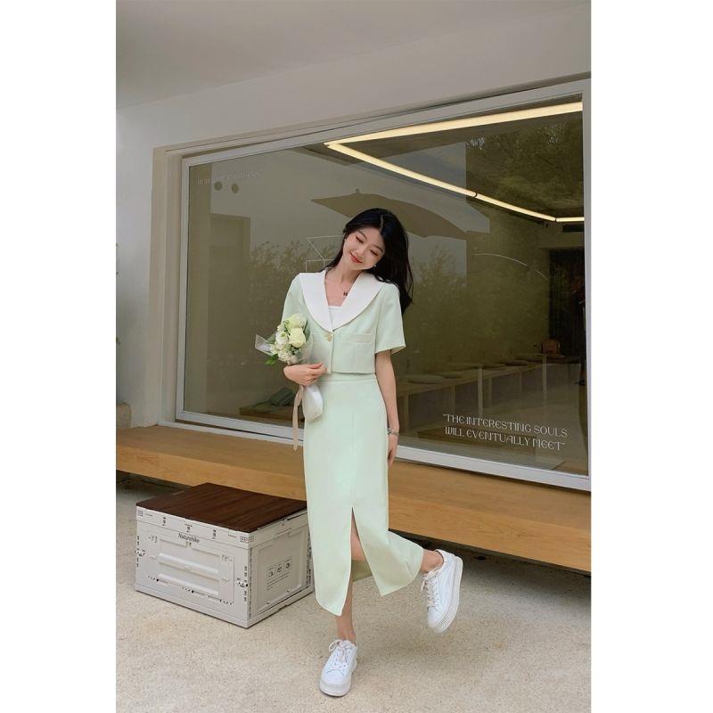 Honypove Set Áo Cổ Thủy Thủ Tay Ngắn + Chân Váy Xẻ Tà Lưng Cao Xẻ Tà Màu Sắc Tương Phản Phong Cách Pháp 2022