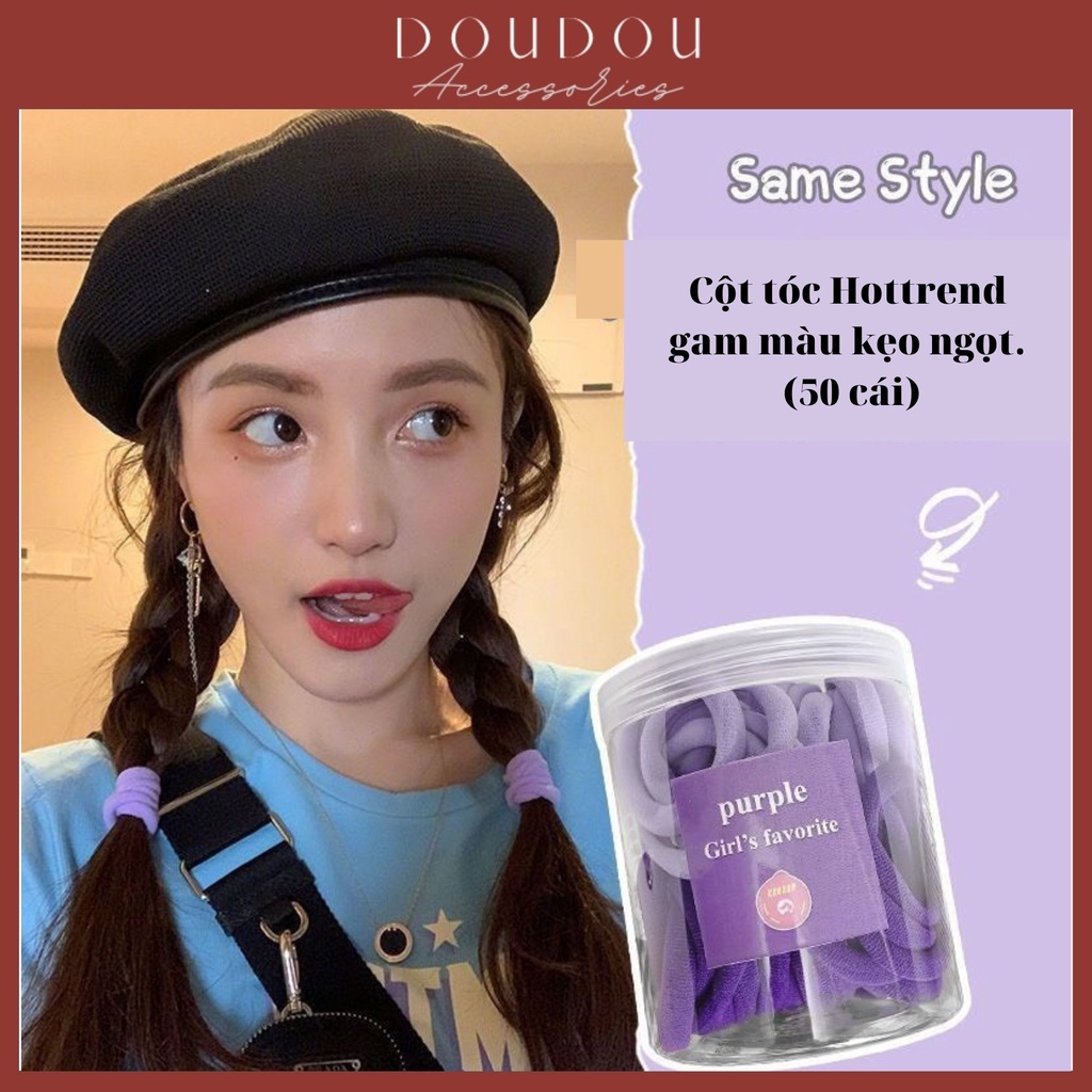 Hộp 50 dây chun buộc tóc Doudou Dây cột tóc nữ sợi to dày phong cách Hàn Quốc nhiều màu gam kẹo ngọt xinh xắn PJ009