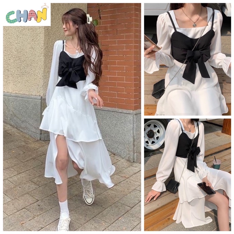 Sét Váy Nữ Cổ Vuông Màu Trắng Kèm Yếm Nơ Ngực Cực Xinh Chan House.