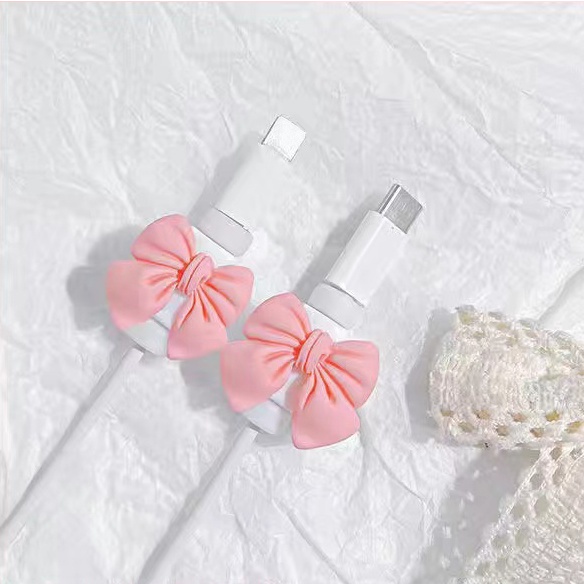 1 Cặp Phụ Kiện Bảo Vệ Dây Cáp Sạc USB Hình Nơ 3D Dễ Thương Cho iphone