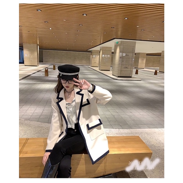 Áo khoác blazer 2 lớp đính cúc tay dày dặn/ vest nữ trắng be kẻ viền xanh than Quảng Châu