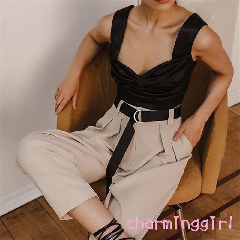 ♔BTY♔Summer solid color girl sexy pleated design suspenders top fashion