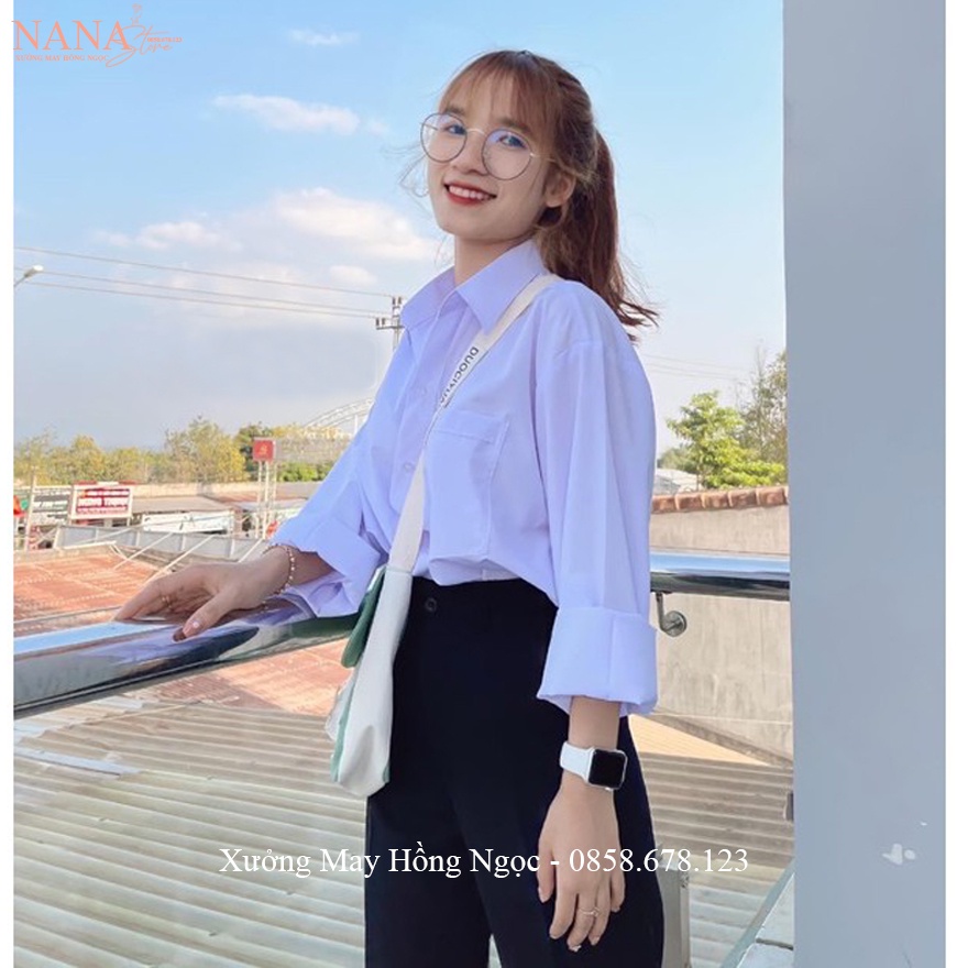 Áo sơ mi nữ đi học tay dài màu trắng xanh form rộng cổ bẻ V trụ có túi kiểu áo sơ mi nữ dài tay đi học vải cotton mát