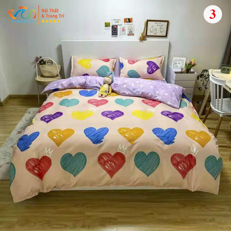 Set vỏ chăn ga gối VUADECOR cotton Poly họa tiết trái tim trang trí, decor phòng ngủ phong cách Hàn Quốc