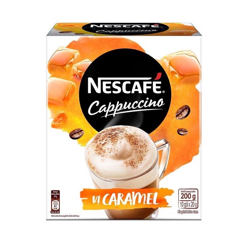 NESCAFE CAPPUCCINO 2 VỊ DỪA - CARAMEL  HỘP 200G(10 GÓI X 20G)