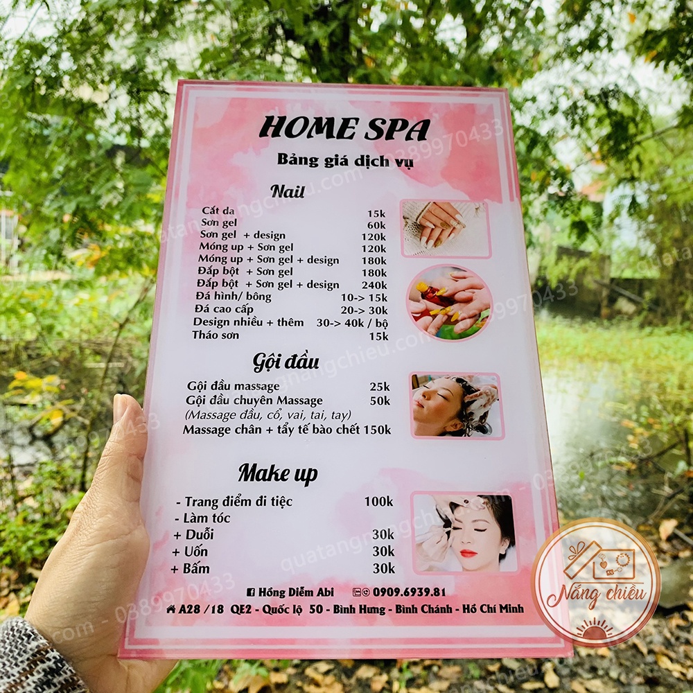 Menu cho tiệm Spa, thẩm mỹ viện, nail, mi, bảng báo giá dịch vụ spa, kệ để bàn lễ tân , chất liệu mica sáng bóng