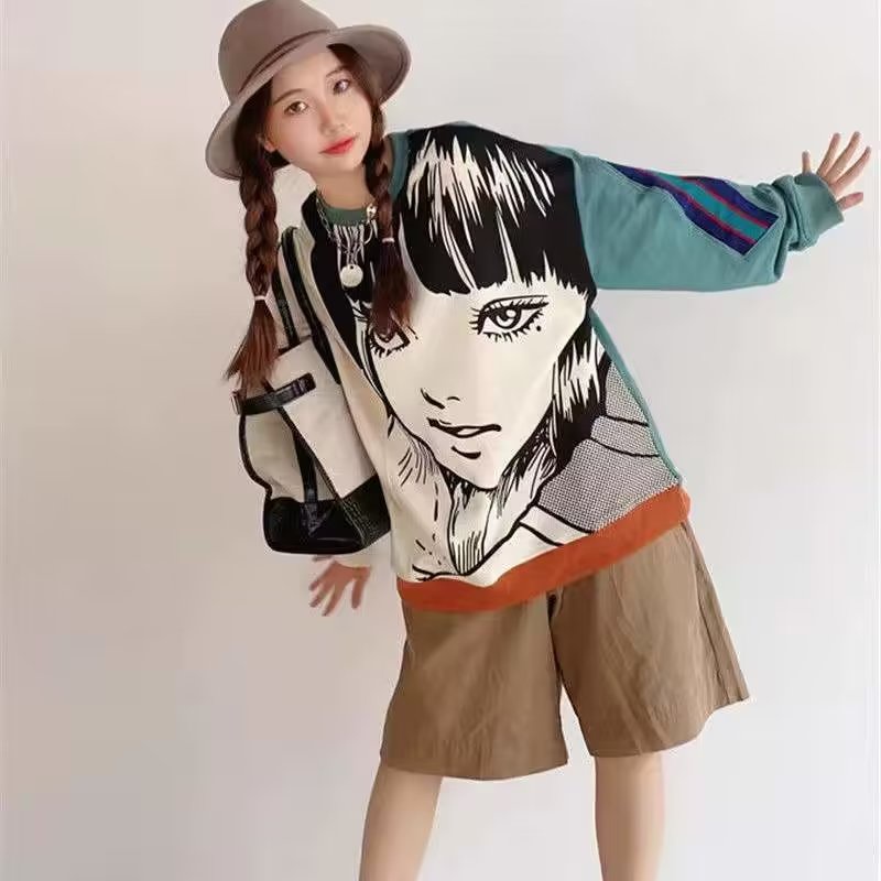 Áo sweater Tay Dài Dáng Rộng In Họa Tiết Hoạt Hình Phong Cách Đường Phố