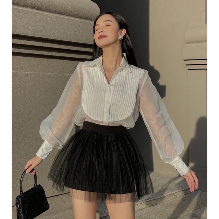 LOLA SHIRTx LOLA MINI SKIRT/ ÁO SƠ MI VOAN BÓNG XUYÊN THẤU KẾT HỢP CHÂN VÁY GIẢ QUẦN (nhận may theo số đo)