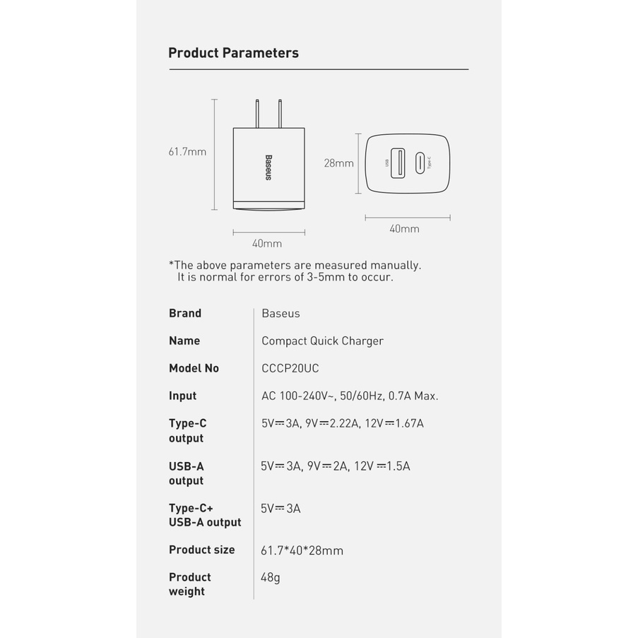 20W Củ Sạc Baseus 20W PD  Baseus Compact Quick Charger 20W (USB + Type C Dual Port, 20W PD/QC 3.0 Multi Quick Charge Sup