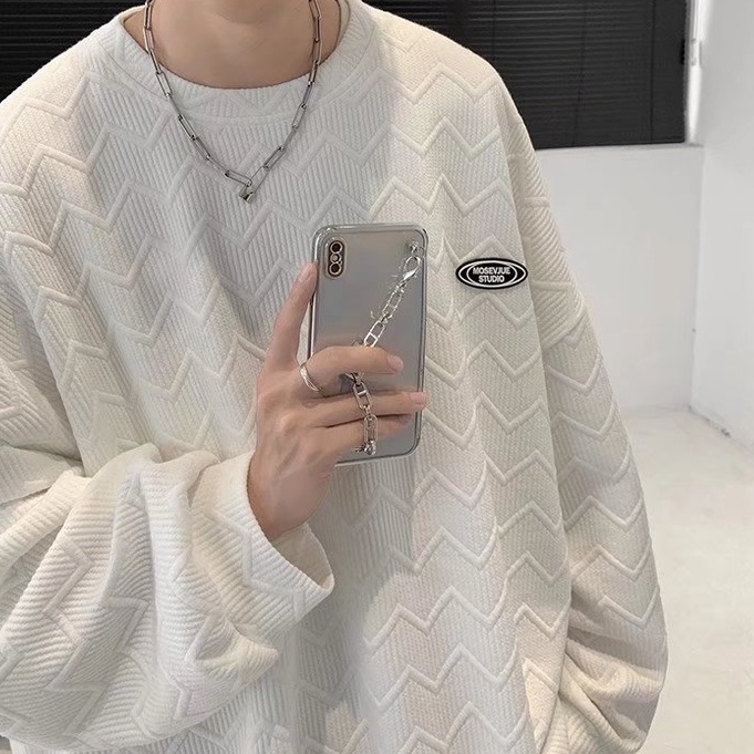 Áo thun tay dài cổ tròn dáng rộng màu trơn phối họa tiết thời trang Hàn Quốc cho nam