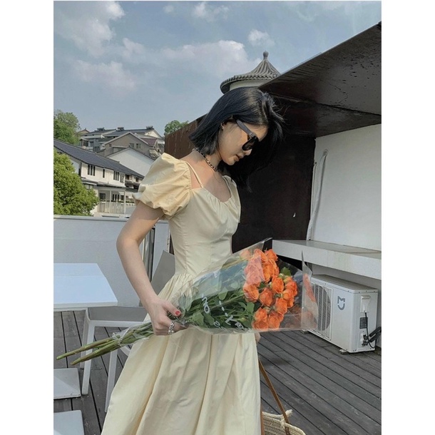 Đầm nude tay bồng rớt vai mặc được 2 kiểu tùng xoè xinh xắn [kèm hình thật]