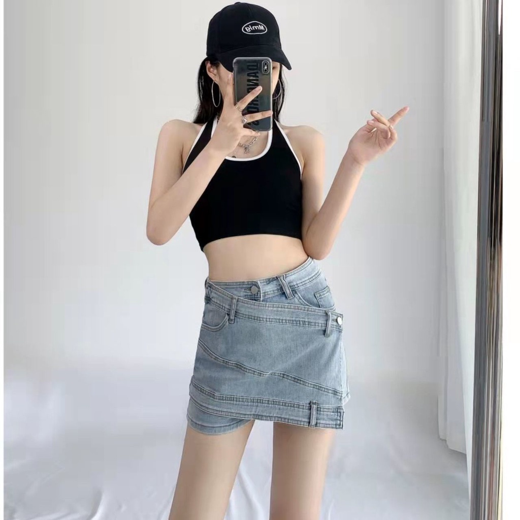 Jiashucheng Chân Váy Denim Ngắn Lưng Cao Dáng Ôm Không Đều Phong Cách Mỹ Thời Trang Mùa Hè 2022 Mới Dành Cho Bạn Nữ