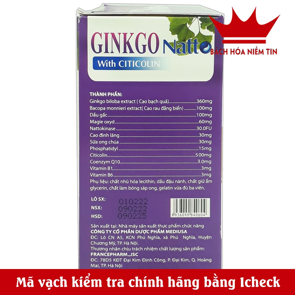 Viên uống bổ não Ginkgo NATTO Citicolin - Giúp hoạt huyết, giảm đau đầu, hoa mắt, chóng mặt, rối loạn tiền đình - 100v
