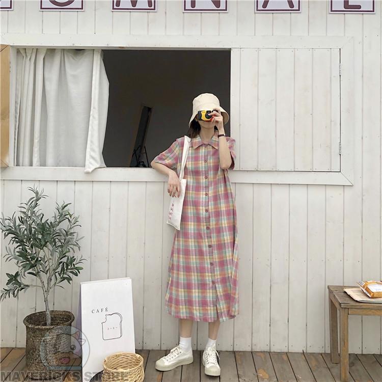 Đầm Sơ Mi Tay Ngắn Họa Tiết Sọc Caro Phong Cách Vintage