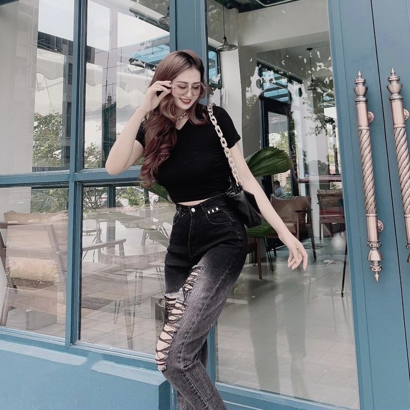Quần jean dài phom Baggy/boyfriend co dãn mạnh, lưng cao, màu xám loang rách đẹp Siêu Phẩm