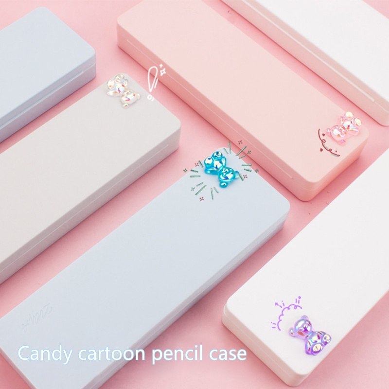 Hộp Đựng Bút Hình Chữ Nhật Chống Nước Màu Sắc Kẹo Ngọt Họa Tiết Gấu 3D Xinh Xắn