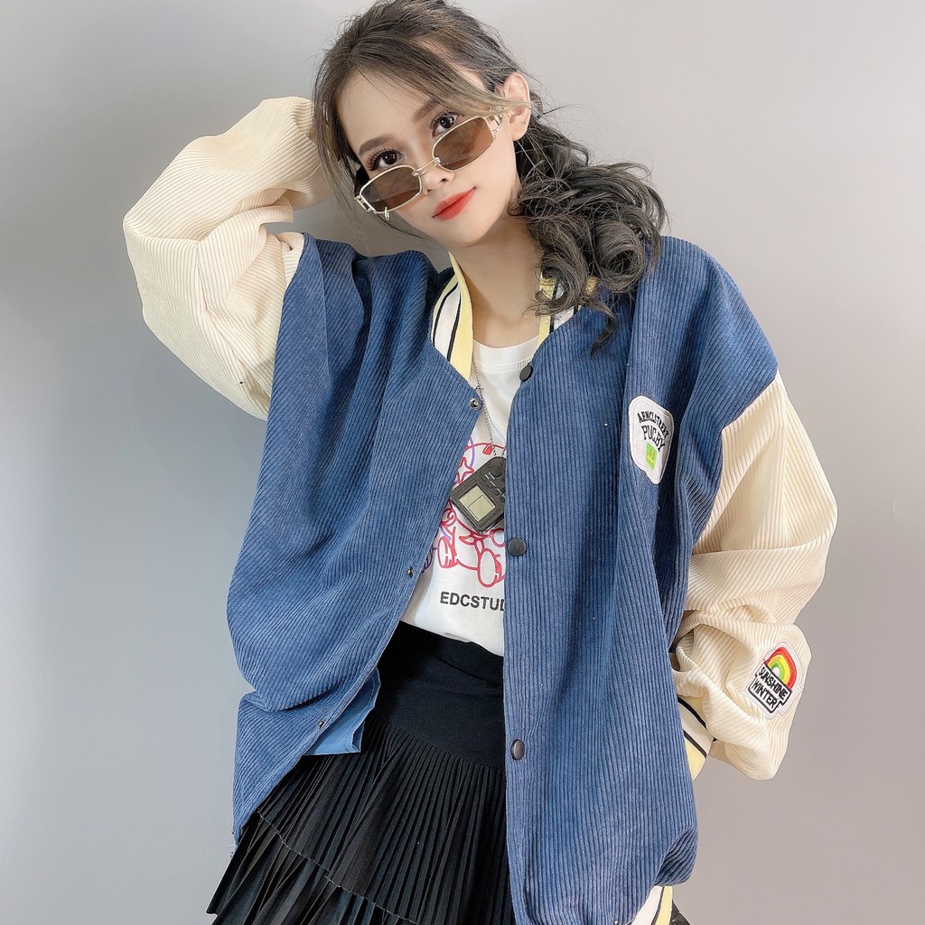 Áo khoác bomber kaki nhung tăm PUCBY Varsity jacket unisex nam nữ form rộng GAZU-075