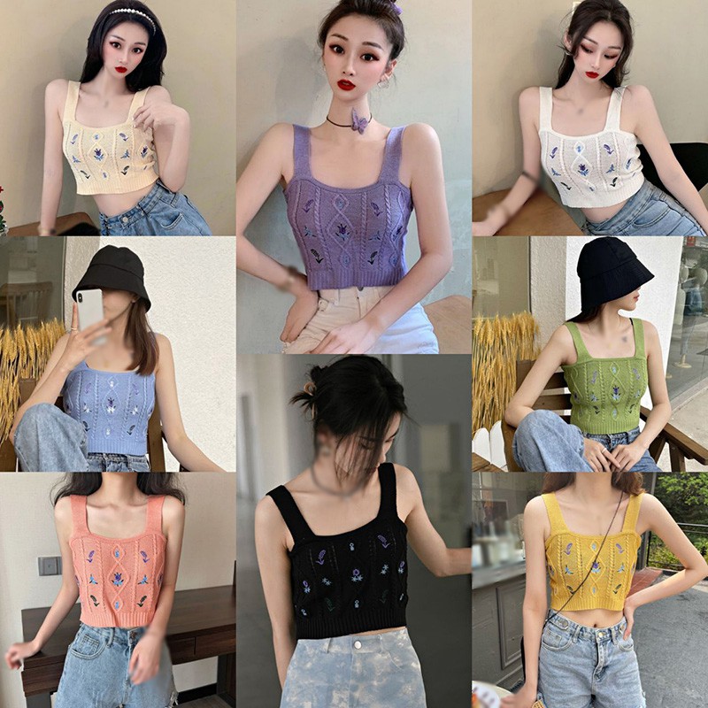Women Knitted Tank Tops Floral Embroidery Camisole Summer Suspender Crop Top