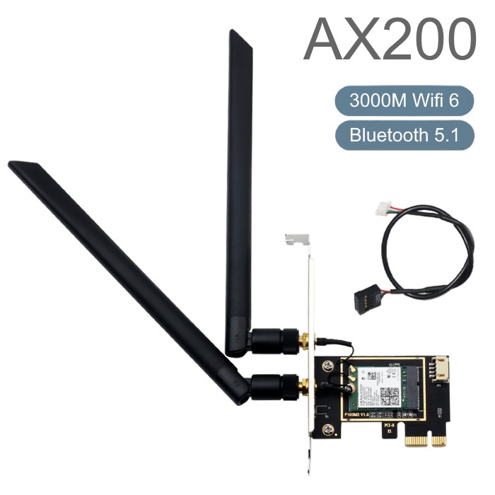 Intel AX200, M.2 to PCIE, bộ thu sóng wifi 2.4G và 5G, chuẩn Wifi 6, tốc độ Gigabit 3000M, kết nối Bluetooth 5.1