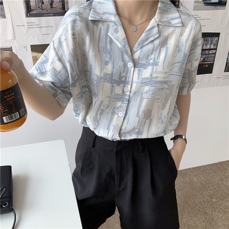 Áo Sơ Mi Chiffon Ngắn Tay In Hoa Thời Trang Hàn Quốc Cho Nữ