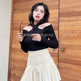 Áo len tay dài cổ chéo hở vai thời trang nữ ulzzang Hàn Quốc VM Shop 21ALU12N162102