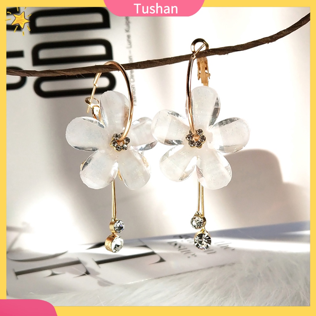 Khuyên tai dài hình hoa đính đá phong cách Hàn Quốc