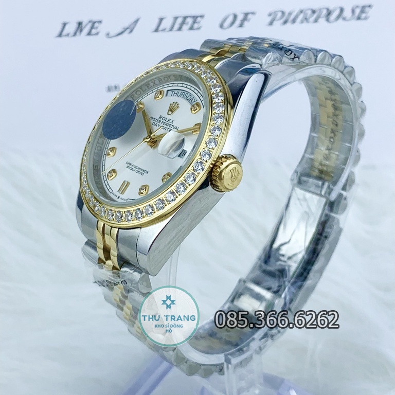 Đồng hồ nam Rolex cơ Automatic máy Nhật mẫu 2 lịch mặt trắng viền đá dây demi size 40-41mm