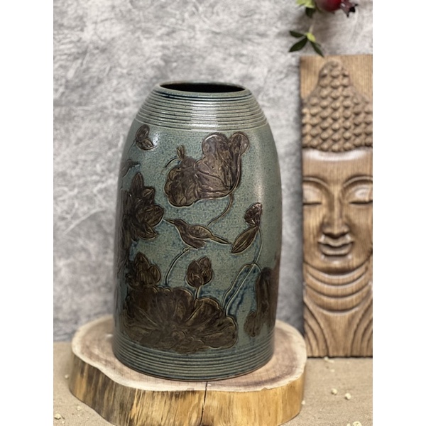 Bình hoa gốm dáng chuông men mộc vẽ tay- Gốm sứ Bát Tràng.