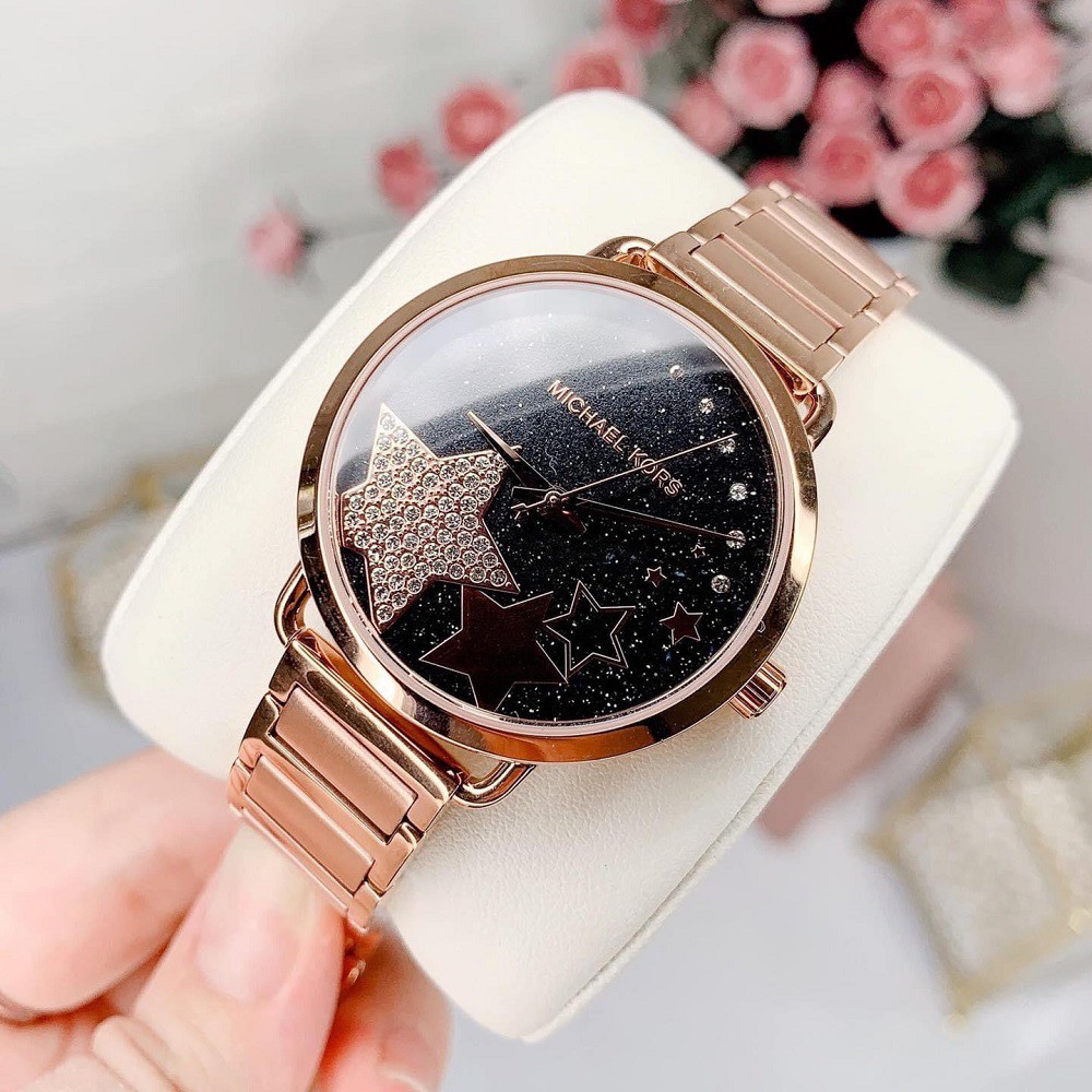 Đồng Hồ Michael Kors Nữ MK3795 Dây Kim Loại Màu Vàng Hồng Mặt Màu Đen Họa Tiết Size 36mm