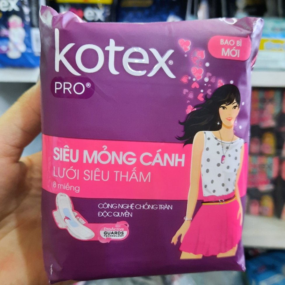 Băng vệ sinh Kotex Pro siêu mỏng cánh lưới siêu thấm 8 miếng