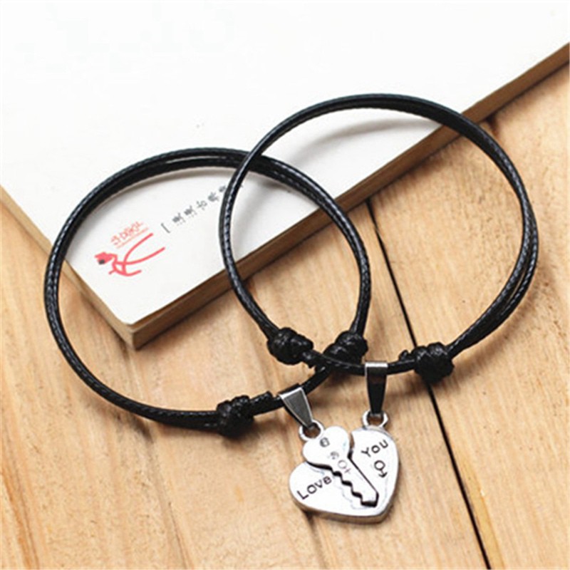 Set 2 vòng tay thiết kế trái tim đính đá quý nhân tạo sang trọng dành cho cặp đôi