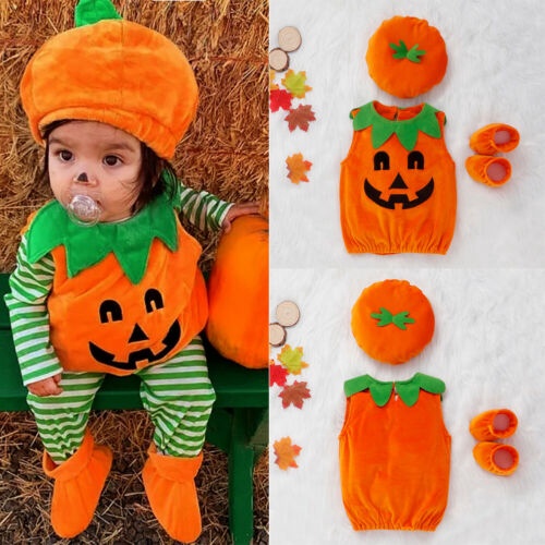 Set hóa trang 3 món gồm áo sát nách dáng phồng + mũ bí ngô + giày phong cách halloween dễ thương đáng yêu cho bé