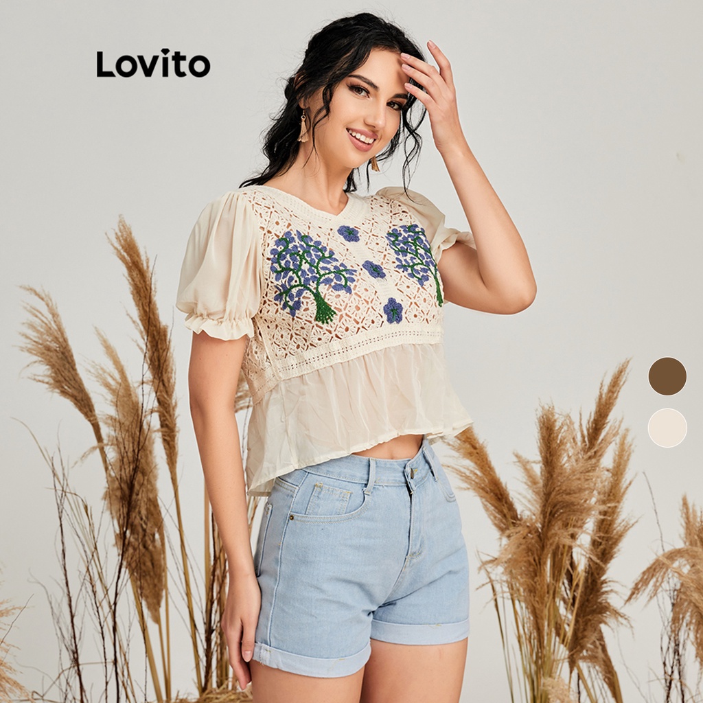 Áo Lovito phối ren màu tương phản khoét rỗng in hoa dễ thương L14X059 (màu trắng)